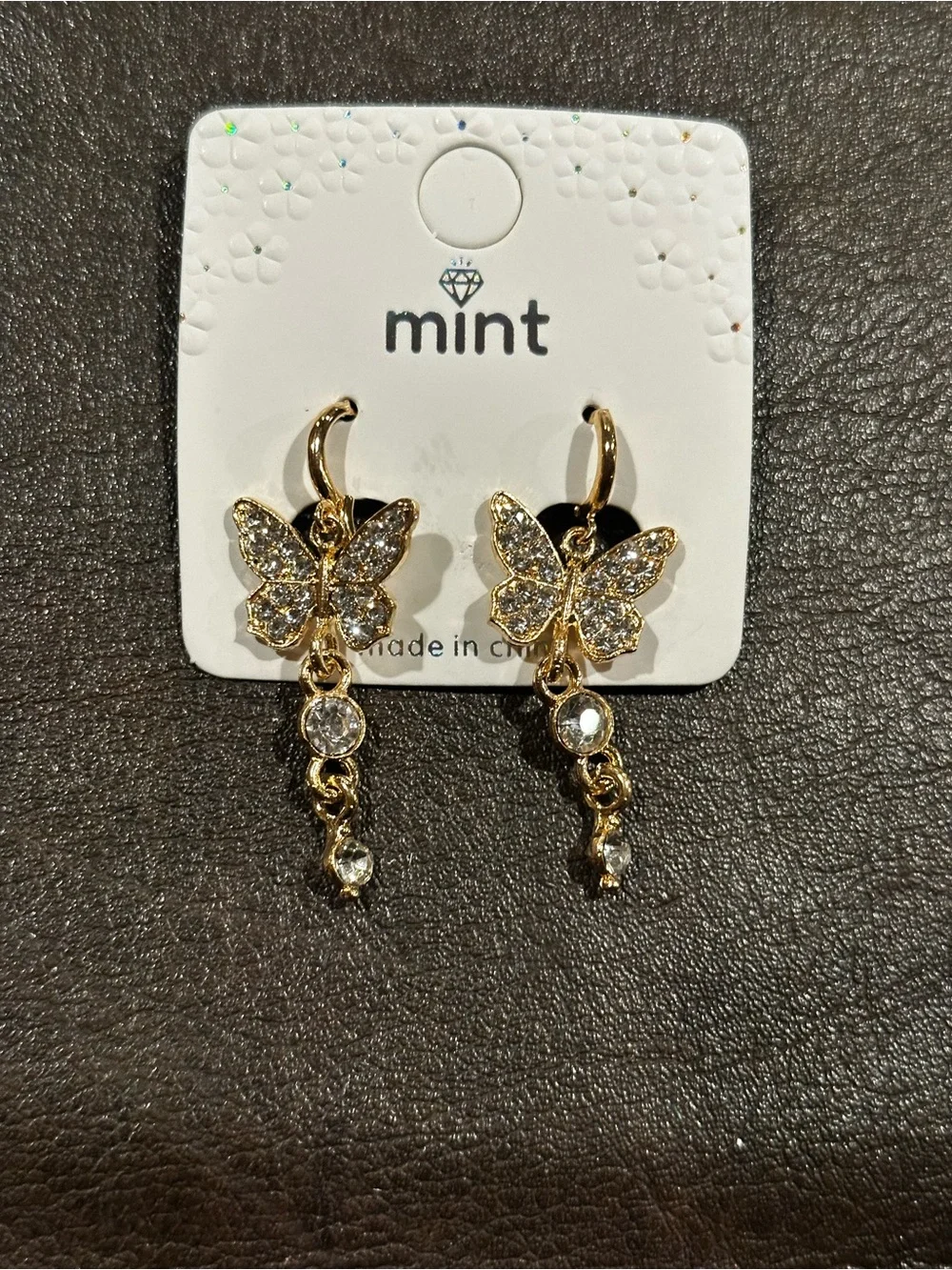 Mint Gold Butterfly Dangle Earrings with Clear Stones